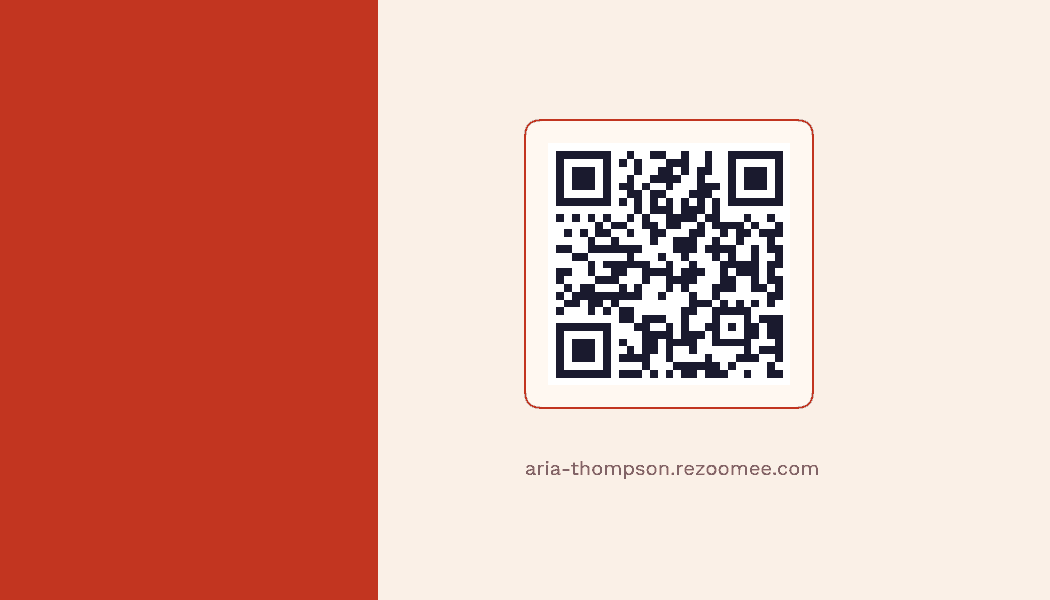 Aria Thompson's Rezoomee business card — back, with a QR code to the site