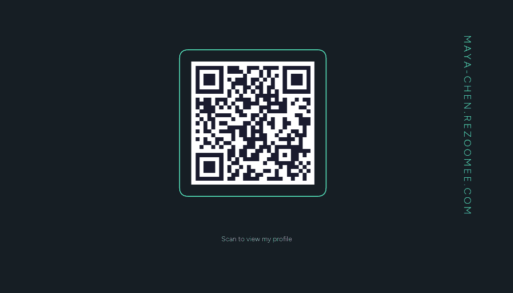 Maya Chen's Rezoomee business card — back, with a QR code to the site