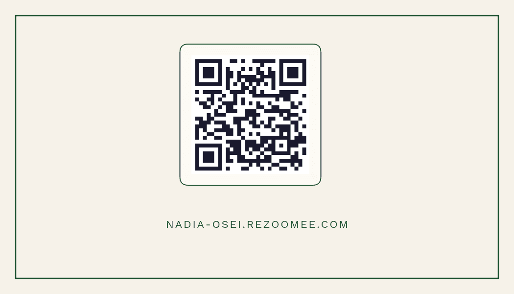 Nadia Osei's Rezoomee business card — back, with a QR code to the site